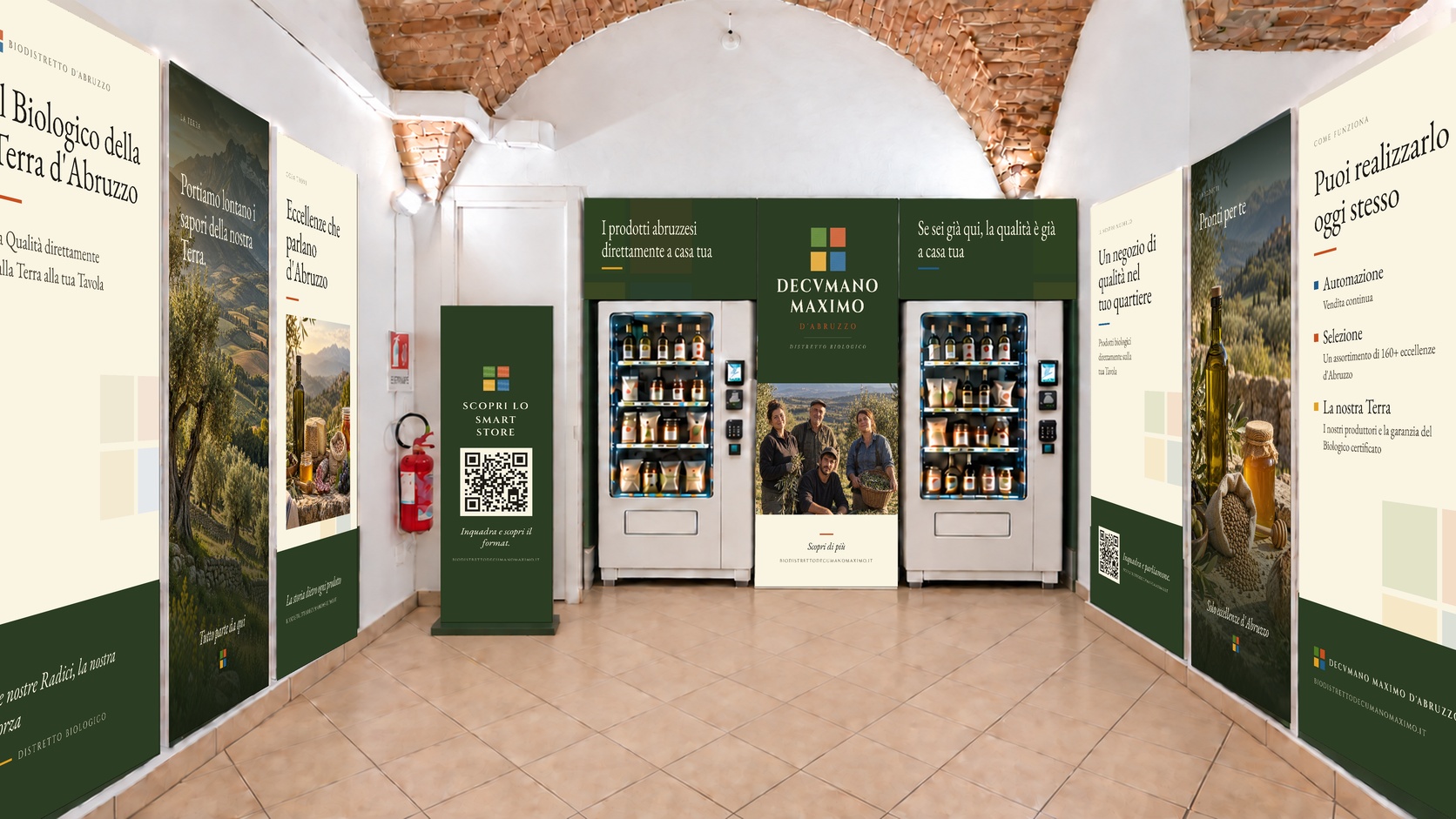 Interno dello Smart Store Decumano Maximo in Via Arniense a Chieti, con i distributori e i pannelli del distretto