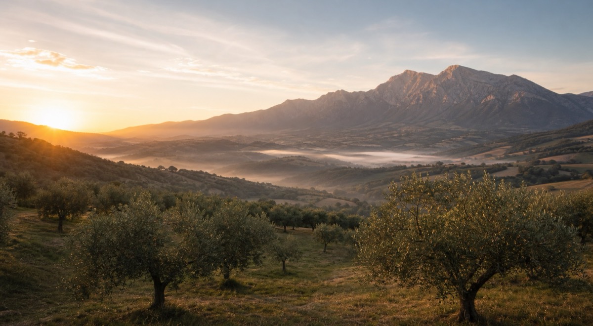 Gran Sasso d'Italia all'alba con uliveti in primo piano